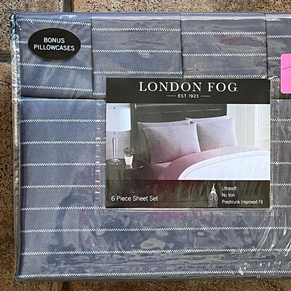 6-pc London Fog KING Sheet Set - GRAY WHITE PINSTRIPE / 2 BONUS pillowcases